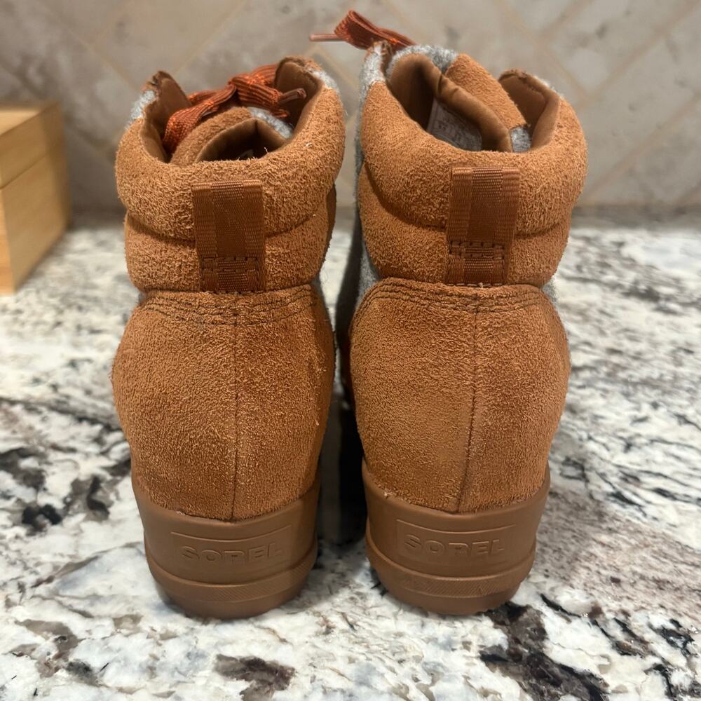Like New SOREL Evie Ankle Lace-Up Wedge Booties - Brown and Gray Size 8.5 - Picture 5 of 7